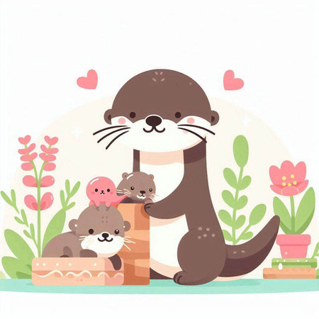 Cute little otter family in love. Vector illustration of cute animal.のイラスト素材