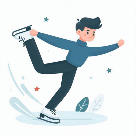 Young man practicing figure skating. Winter sport. Vector illustration in cartoon style.のイラスト素材