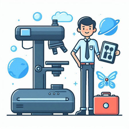 Scientist working with microscope in laboratory. Flat style vector illustration.のイラスト素材