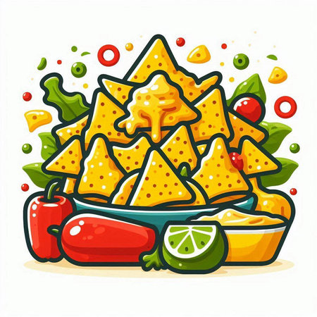 Mexican nachos chips with guacamole sauce and ingredients vector illustrationのイラスト素材