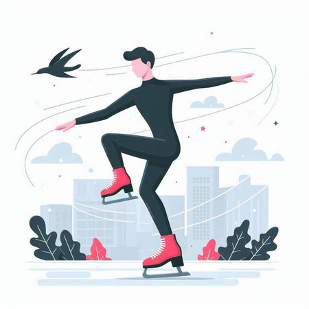 Figure skating on the ice in the city. Vector illustration in flat styleのイラスト素材