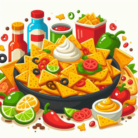 Mexican nachos with sauce and ingredients. Vector illustration.のイラスト素材