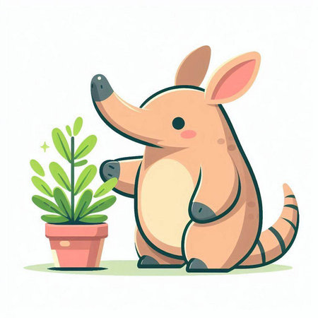 Cute cartoon kangaroo with plant in pot. Vector illustration.のイラスト素材