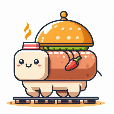Cartoon hamburger with hot sauce. Fast food. Vector illustrationのイラスト素材