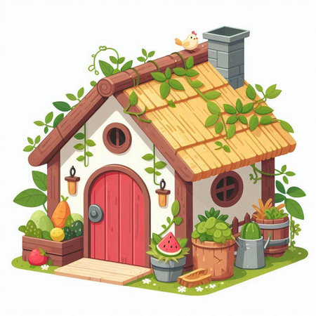 Vector cartoon illustration of a small house with a wooden roof and a garden.のイラスト素材
