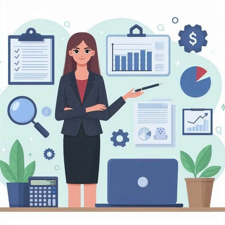 Business woman in office. Vector illustration in flat design. Business concept.のイラスト素材