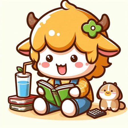 Cute little girl reading a book and drinking a glass of juiceのイラスト素材