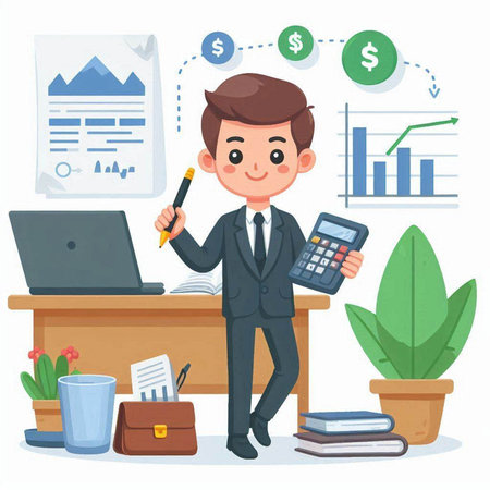 Businessman working at the office. Vector illustration in cartoon style.のイラスト素材