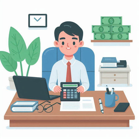 Businessman working at office with laptop and calculator. Vector illustration.のイラスト素材