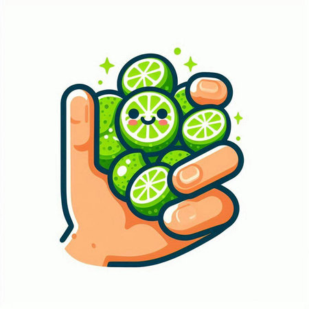 Cute kawaii lime fruit in hand. Vector illustration.のイラスト素材