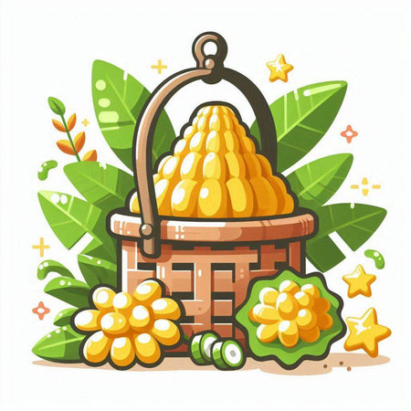 Illustration of a basket full of yellow coconuts. Vector illustration.のイラスト素材