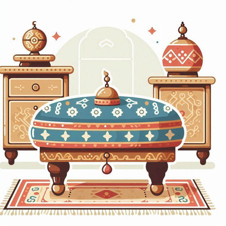 Interior of a living room with arabic furniture. Vector illustrationのイラスト素材
