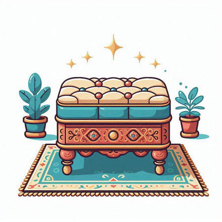 Illustration of a chest of drawers with a carpet and plantsのイラスト素材