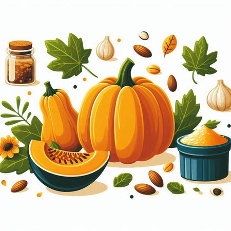 Pumpkin and pumpkin seeds, spices and herbs. Vector illustration.のイラスト素材