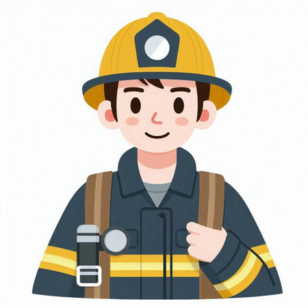 Illustration of a firefighter wearing a helmet and holding a flashlight.のイラスト素材