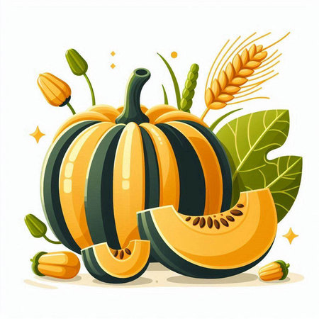 Pumpkin and wheat isolated on white background. Vector illustration.のイラスト素材