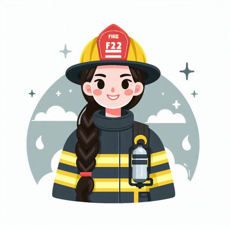 Firefighter girl. Vector illustration in cartoon style on a white background.のイラスト素材