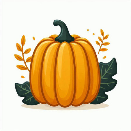 Halloween pumpkin with leaves isolated on white background. Vector illustration.のイラスト素材