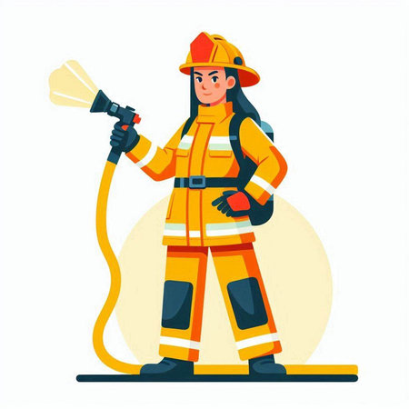 Firefighter in uniform and helmet with water hose. Flat vector illustration.のイラスト素材