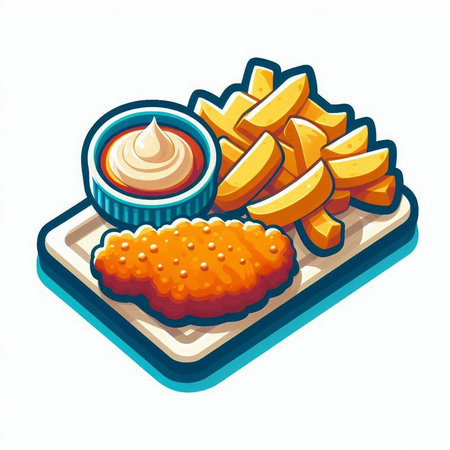Fried fish and chips in isometric style. Vector illustration.のイラスト素材