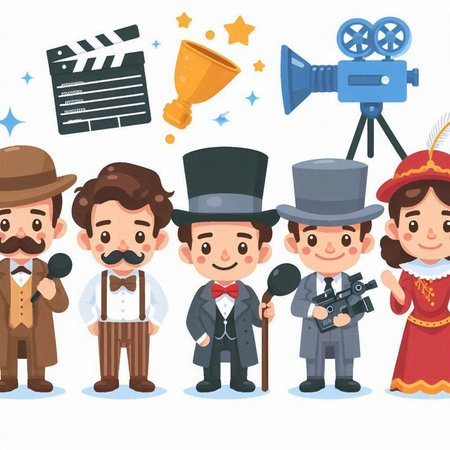 Cinema movie cartoon characters vector illustration. Film crew, cameraman, cameraman, film crew, cameraman, director, director, producer, cameraman, director.のイラスト素材