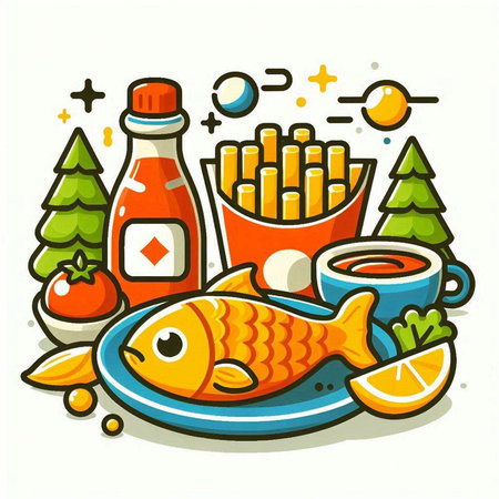 Illustration of fish, french fries, sauce and vegetables on a white backgroundのイラスト素材