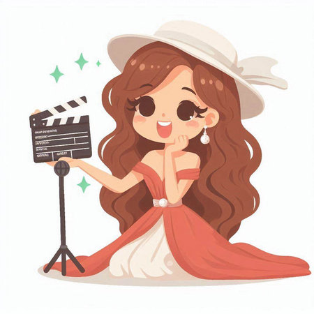 Cute cartoon girl with movie clapper board. Vector illustration.のイラスト素材