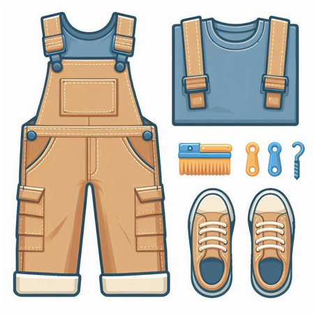 Vector illustration of a pair of overalls, pants, t-shirt and shoes.のイラスト素材