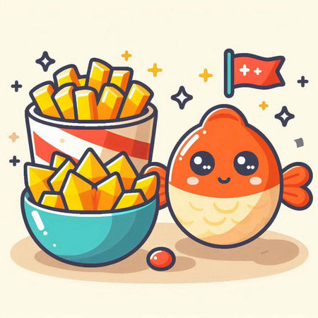 Cute cartoon fish and chips. Vector illustration in flat style.のイラスト素材