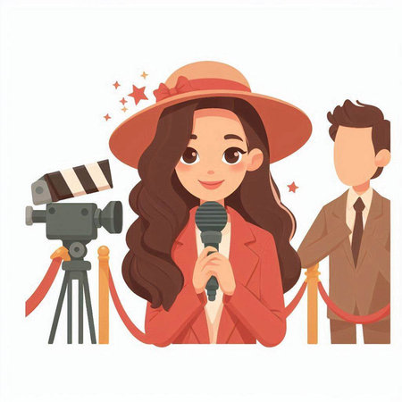 Journalist with microphone and cameraman. Vector illustration in cartoon styleのイラスト素材