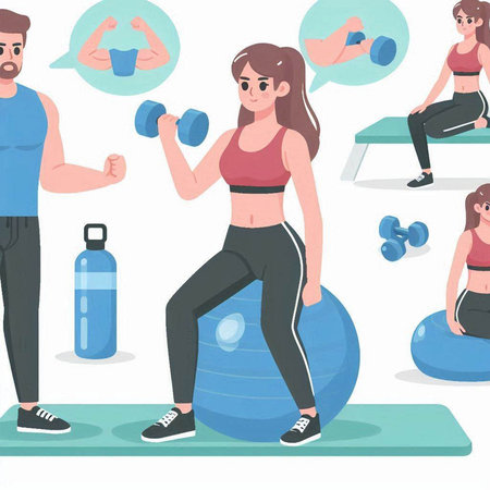 Fitness woman workout with dumbbells and exercise ball. Vector illustrationのイラスト素材