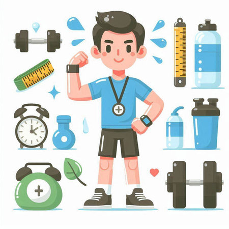Fitness man cartoon character with sport equipment. Vector illustration in flat styleのイラスト素材