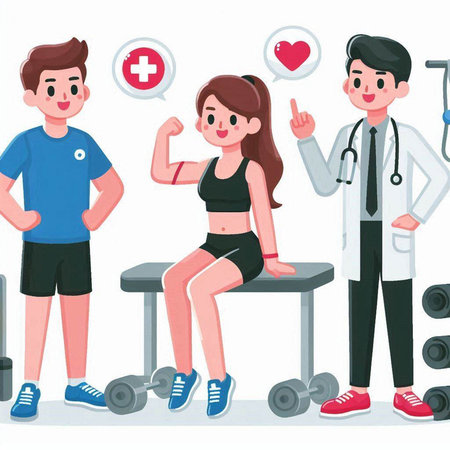 Vector illustration of a male doctor and a female patient in sportswear.のイラスト素材