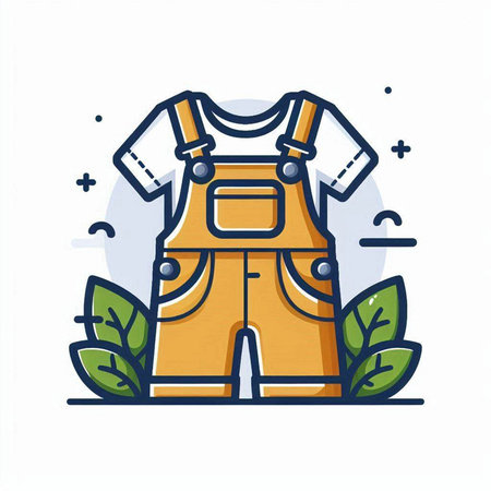 Vector illustration of overalls and leaves. Simple flat line art design.のイラスト素材