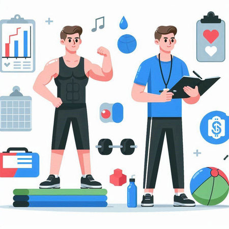Fitness and sport vector illustration in flat cartoon style. Man and woman doing exercises at gym.のイラスト素材