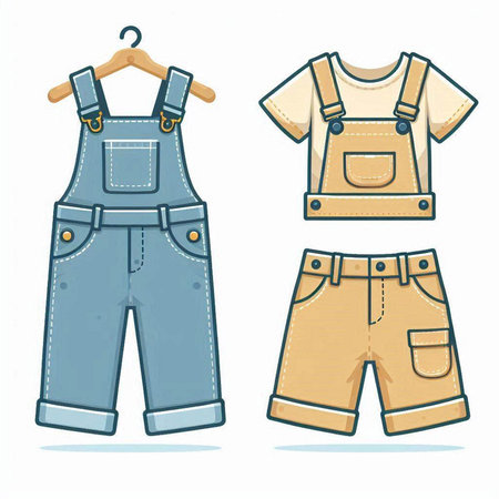 Set of denim overalls on a hanger. Vector illustration.のイラスト素材