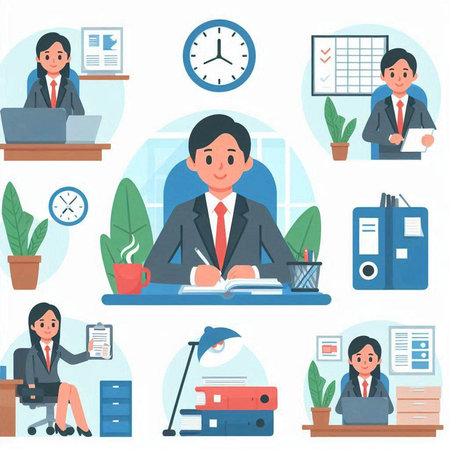 Businessman and businesswoman working at office. Vector flat illustration.のイラスト素材