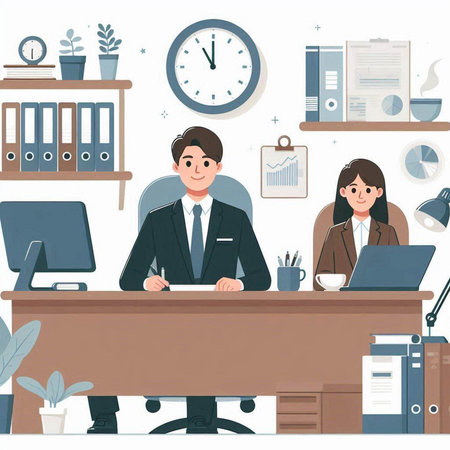 Office workplace with people. Vector illustration in flat style. Businessman and businesswoman.のイラスト素材