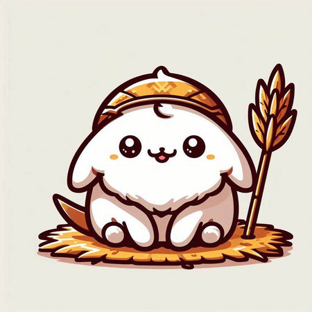 Cute cartoon white rabbit sitting on a nest with an arrow. Vector illustration.のイラスト素材