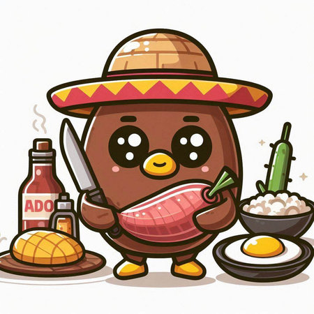 Illustration of Cute Cartoon Steak Mascot Character with Sausageのイラスト素材