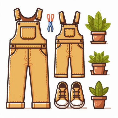 Dungarees and gardening tools on white background. Vector illustration.のイラスト素材