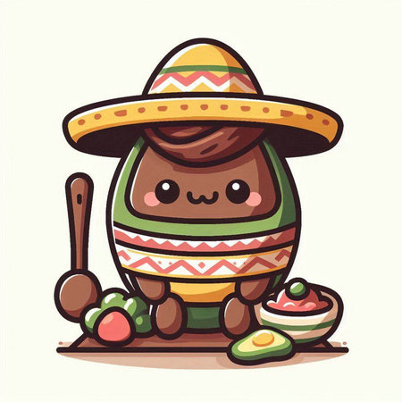 Cute cartoon kawaii egg character in mexican sombrero and sombrero holding wooden spoons.のイラスト素材