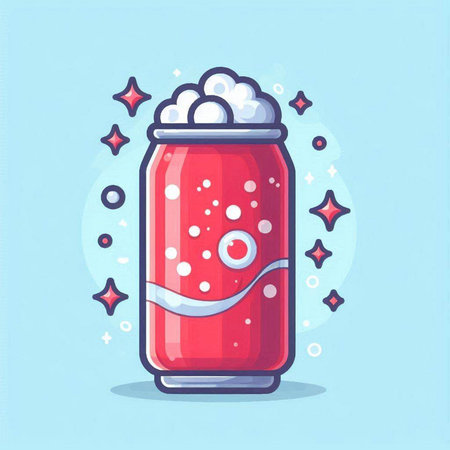 Red soda can with foam and bubbles. Vector illustration in flat cartoon styleのイラスト素材