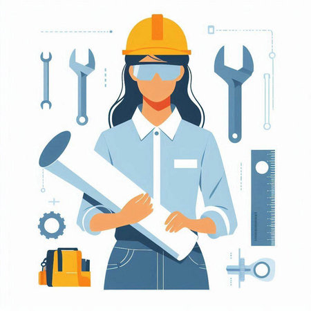 Female engineer with tools. Vector illustration in flat style. Construction concept.のイラスト素材