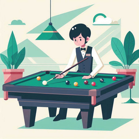 Young man playing billiards. Vector illustration in flat style.のイラスト素材