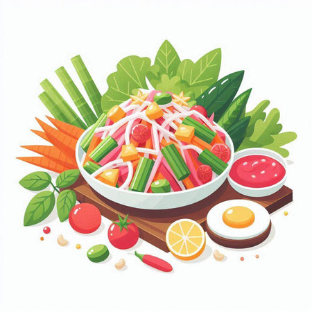 Vegetable salad with carrot, cucumber, tomato, onion, celery, pepper and mayonnaise. Vector illustration.のイラスト素材