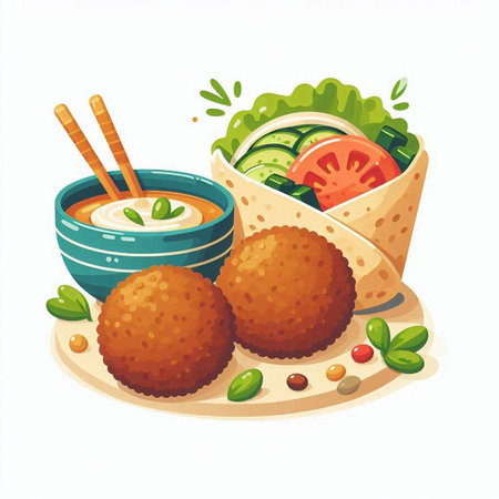 Illustration of a bowl of hummus, croquettes and vegetablesのイラスト素材
