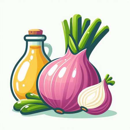 Vegetable oil in a bottle and fresh onions. Vector illustrationのイラスト素材