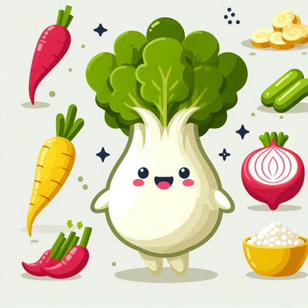 Vegetables cartoon character. Cute healthy food vector illustration.のイラスト素材