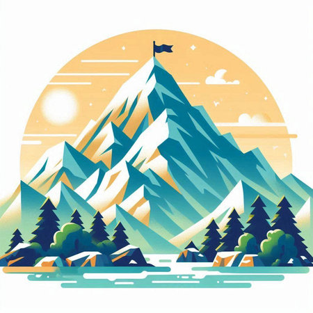Mountains and forest landscape in retro style. Vector illustration for your designのイラスト素材